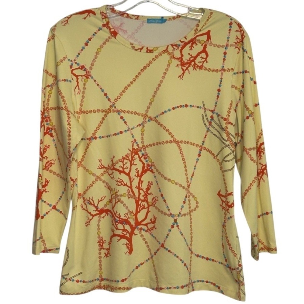 J McLaughlin Top Women Yellow Nautical Coral Chain Print Coastal Yacht Club L